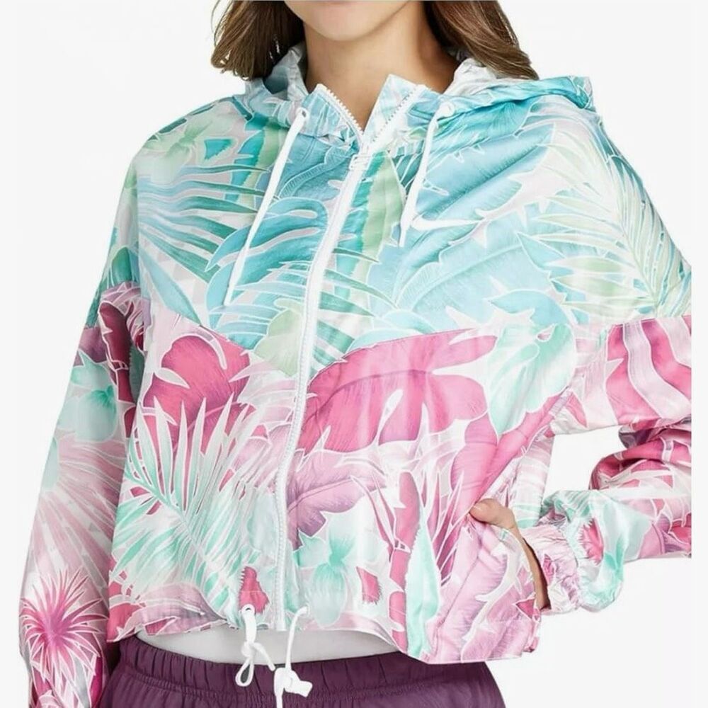 Nike Tropical Floral Windrunner Crop Hoodie Blue Gaze M